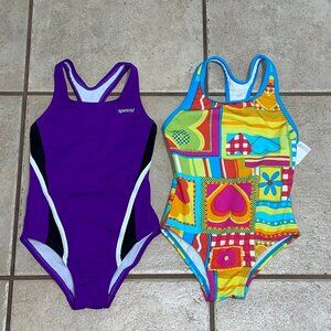 NWT 2 SPEEDO Swim Suits Racerback Purple ColorBlock  & Hearts Patchwork …